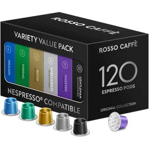 ROSSO CAFFE 120 Espresso Coffee Pods for Nespresso Original Machines, Premium Capsules, Variety Value Pack 6 Flavors, Rich Breakfast to Intense Roasts