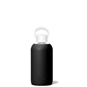 bkr - Little Smooth - Reusable Glass Water Bottle - 16oz - Fits in Cup Holder - Leakproof, Travel Friendly - BPA Free, Dishwasher Safe - Removable Silicone Sleeve & Carrying Loop - Jet