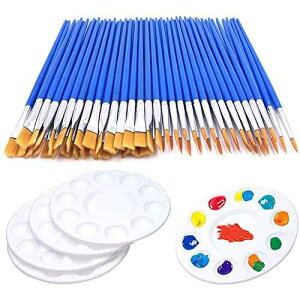 65Pcs Paint Brushes Palettes Set,60pcs Flat Round Paint Brush 5 PCS Paint Trays for Kid Classroom Crafts Small Paint Brushes Bulk for Acrylic Oil Watercolor Canvas Face Rock Painting Party Painting Anlan-angel 65Pcs Paint