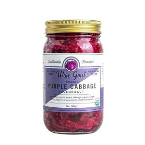 Raw Organic Fermented Unpasteurized Sauerkraut, Purple Cabbage Variety [Vegan, Gluten Free, Non-GMO, Probiotic] 16 oz Glass Jar by Wise Goat Organics Raw Organic Fermented Unpasteurized Sauerkraut, Purple Cabbage Var
