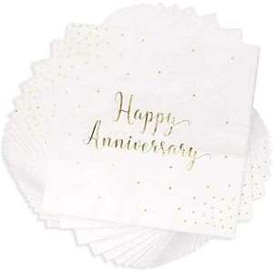 BLUE PANDA Happy Anniversary Napkins - 5 x 5 In, 3-Ply, 50 Pack, Elegant Gold Foil - Disposable Anniversary Paper Goods & Cocktail Napkins for Wedding Party Decor