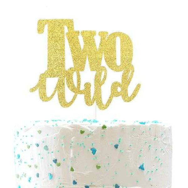 ワイルドケーキトッパー2個、2歳の誕生日サイン、ベビーシャワーパーティーデコレーション(両面ゴールドグリッター)。 Chien-Min666 Two Wild Cake Topper, 2nd Second Birthday Sign,Baby Shower Party Decorations Double Sided Gold Glitter