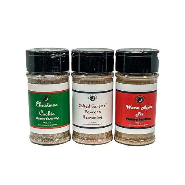 June Moon Spice Company Premium / Popcorn Seasoning / Variety 3 Pack / Salted Caramel / Warm Apple Pie / Christmas Cookie / Crafted in Small Batches / 3.5 fl. oz. Flavor Lock Jars / 3-Pack Variety Perfect for Popping