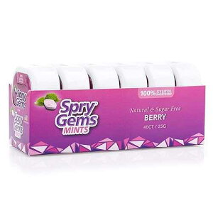 Spry Gems Natural Sugar-Free Xylitol Mints, On The Go Oral Care for Dry Mouth, Increase Saliva Production and Stop Bad Breath, Non-GMO, Gluten-Free - Berry 40 Count (Pack of 6)