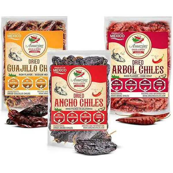 Amazing Chiles & Spices Dried Chile Peppers Variety Pack 3x4oz Ancho Arbol Guajillo Mexican Chili