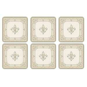 Pimpernel FDC-Fleur de LYS Collection Coasters Set of 6 Cork Backed Board Heat and Stain Resistant Drinks Coaster for Tabletop Protection Measures 4 x 4