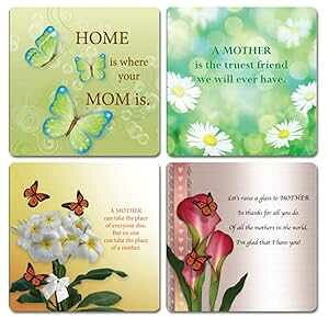 BANBERRY DESIGNS Mom Coasters - Four Different Mother Sayings and Designs - Cork Backing - Moisture Resistant - Gift Boxed 4 Square