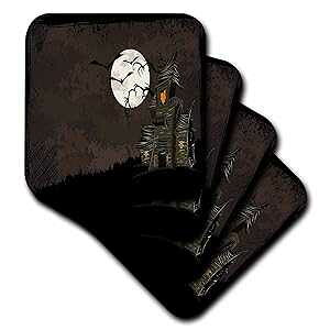 3dRose ƃRẼnEB~ - \tgR[X^[A4 Zbg (CST_65452_1) 3dRose Halloween Haunted House with A Moon and Bats - Soft Coasters, Set of 4 (CST_65452_1)
