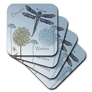 3dRose CST_79324_2 Dreams and Wishes Dandelions and Dragonflies Soft Coasters, Set of 8