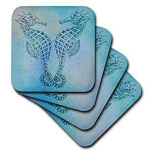 3dRose CST_79382_3 ANA ^cmIgVS-r[`e[} Be[WA[g Z~bN^CR[X^[ (4Zbg) 3dRose CST_79382_3 Aqua Seahorses-Beach Theme Vintage Art Ceramic Tile Coaster (Set of 4)