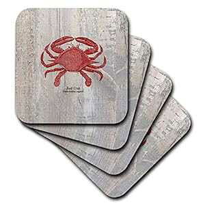 3dRose CST_99167_1 ؂̏̐ԂJj - r[`e[}ɂA[g - \tgR[X^[A4 Zbg 3dRose CST_99167_1 Red Crab on Wood- Beach Themed Art- Fish-Soft Coasters, Set of 4
