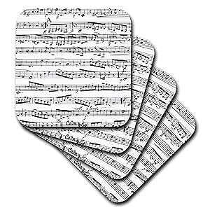 3dRose Musical Notes - Vintage Sheet Music - Black and White Piano Notation - Pianist and Musician Gifts - Ceramic Tile Coasters, Set of 4 (CST_112825_3)