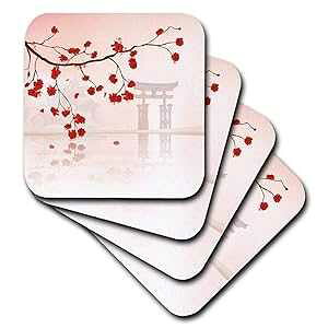 3dRose Beautiful Japanese Sakura Red Cherry Blossoms Branching Reflecting Over Water Oriental Vector Design-Soft Coasters, Set of 4 (CST_116168_1)