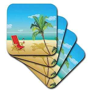 3dRose CST_152538_1 r[``FAƃV̖؂̃\tgR[X^[tr[`V[A4 Zbg 3dRose CST_152538_1 Beach Scene with a Beach Chair and Palm Tree Soft Coasters, Set of 4