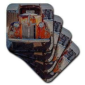 3dRose CST_154729_2 AeB[N IW gbN \tg R[X^[t|pIȓ~iFA8 Zbg 3dRose CST_154729_2 Artistic Winter Scene with Orange Truck Soft Coasters, Set of 8