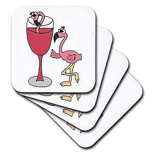 3dRose CST_196252_1 ԃCOX̉ɂʔsNt~S \tgR[X^[A4Zbg 3dRose CST_196252_1 Funny Pink Flamingo Next to Red Wine Glass Soft Coasters, Set of 4