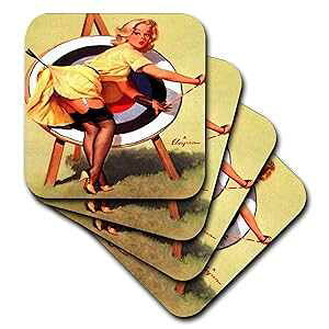 エルフグレン ピンナップ ニアミス アーチェリーの 3dローズ プリント - ソフト コースター、8 個セット (CST_204148_2) 3dRose Print of Elvgren Pinup Near Miss Archery-Soft Coasters, Set of 8 (CST_204148_2)