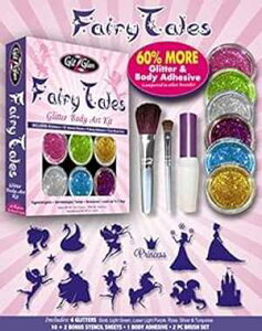 GlitZGlam Fairy Tales Glitter Tattoo Kit with 6 Large Glitters & 12 Amazing Stencils - Hypoallergenic and Dermatologist Tested! -Temporary Tattoos & Body Art