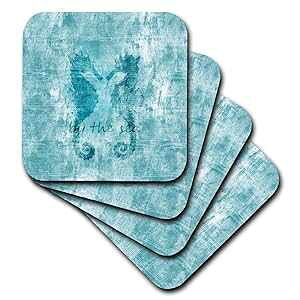 3dRose CST_213039_3 Aqua Nautical Beach Sea Horses Ceramic Tile Coasters (Set of 4)