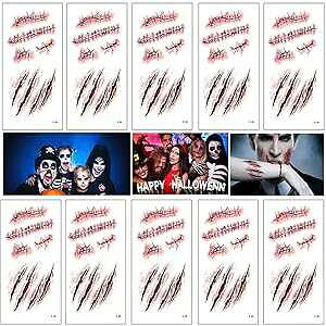 Halloween Scar Temporary Tattoos, Bezall 10 Sheets Realistic Fake Face Wound Stitch Tattoo Sticker Waterproof Zombie Makeup Prank Props