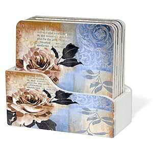 BANBERRY DESIGNS Floral Coasters - Set of 6 with Designer Holder - Moisture Resistant - Felt Feet - Tabletop Protection for All Surfaces 4 Square