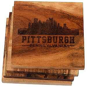 ピッツバーグ コースター、ピッツバーグ スカイライン ドリンク コースター ? ピッツバーグ ギフト & お土産、ピッツバーグ スカイラインの彫刻されたアカシア木製コースター ? ピッツバー