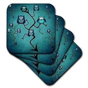 3D [Y u[ _ȃtNE̖؂̃Z~bN ^C R[X^[A}`J[ 3dRose 3D Rose Blue Modern Owl in A Tree Ceramic Tile Coasters, Multicolor