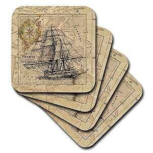 Be[W[bpn}̍HD3D[YC[WZ~bN^CR[X^[A}`J[ 3dRose 3D Rose Image of Black Ghost Ship On Vintage European Map Ceramic Tile Coasters, Multicolor