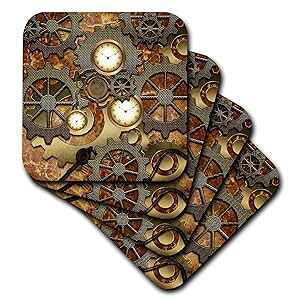 3dRose 3D Rose Steampunk Clocks Gears in Golden Design Soft Coasters, Multicolor, 8 Count