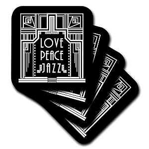 3dRose 3D Rose White On Black Art Deco Design-Love Peace and Jazz Ceramic Tile Coasters, Multicolor