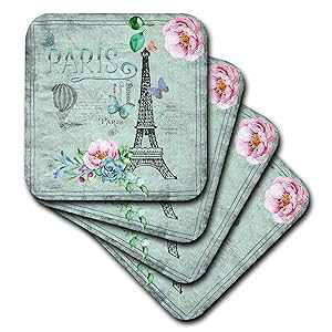 3dRose 3D Rose Paris France Eiffel-Tower Shabby Floral Text Illustration Vintage Ceramic Tile Coasters, Multicolor