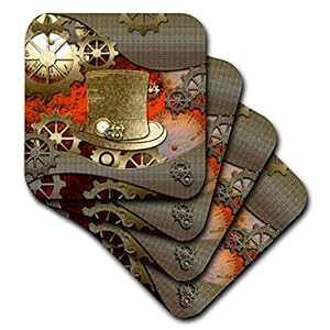 3dRose cst_252726_2uvAԁAXq̃fUC̑f炵X`[pNA\tg R[X^[ 8 Zbg 3dRose cst_252726_2"Awesome Steampunk In Golden Design With Clocks, Gears, Hat, Set Of 8 Soft 
