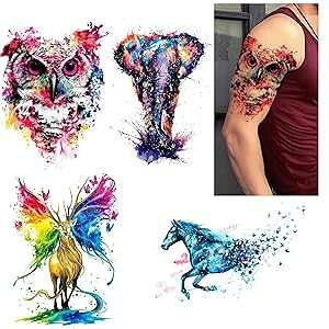 Glaryyears Watercolor Animal Temporary Tattoos for Women Adults, 5 Pack Large Big Fake Creative Tattoo Stickers, Perfectly on Body, Rock Art, Tumblers, Smooth Surfaces