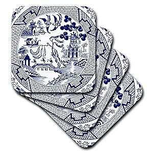 3dRose Willow Pattern Detail in Blue and White Set of 4 Ceramic Tile Coasters