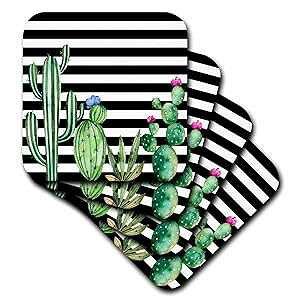3dRose Black And White Stripes Watercolor Flowering Cactus, Set Of 8 Soft Coasters