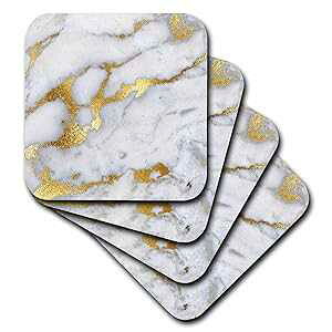 3dRose Image of Luxury Grey Gold Gem Stone Marble Glitter Metallic Faux Print, Set of 4 Soft Coasters
