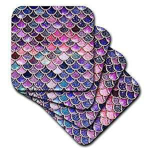 3dRose Multicolor Girly Trend Pink Luxury Elegant Mermaid Scales Glitter, Set of 4 Soft Coasters