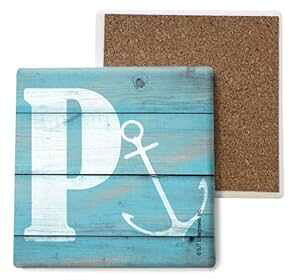 SJT ENTERPRISES, INC. Initial/Letter Lake and Beach Themed Coasters -P Absorbent Stone Coasters - Cork-Backed Anchor Coasters for Drinks - 4 x 4 inches - Set of 4 (SJT96877)
