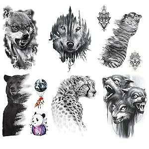 Kotbs 6 Sheets Animal Temporary Tattoos, Black Strong Wolf Tiger Tattoo Stickers for Men Women Adults Waterproof Fake Tattoos