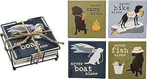 Primitives by Kathy �R�[�X�^�[�Z�b�g �L�����v�A�n�C�L���O�A���A��l�ł̃L�b�`���A�N�Z�T���[ Primitives by Kathy Coaster Set Never Camp, Hike, Fish, Alone Kitchen Accessories