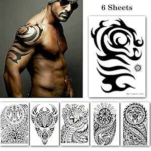 Leoars Black Large Temporary Tattoos, Big Tribal Totem Tattoo Sticker for Men Women Body Art Makeup, Fake Tattoo Waterproof Removable, 6-Sheet