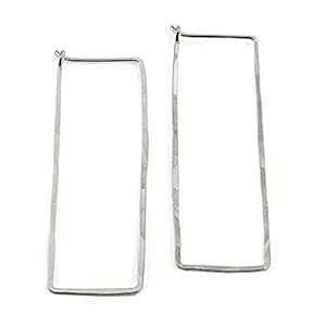 Thin Hammered Hoop Earrings, Elegant Geometric Solid Sterling Silver, Gold Filled, and Rose Gold Filled; for Women by Lotus Stone Jewelry (Silver, Rectangle)