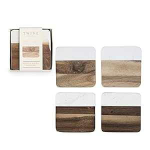 Twine Marble and Acacia Coasters, Modern Square Coasters, Acacia Wood, Marble, Protect Tables and Surfaces, Set of 4