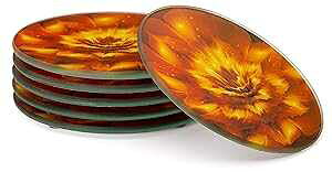 SimplyWRK Set of 6 Round Drink Coasters, Gold Yellow Floral Design, Gift Boxed, Tempered Glass, Non Slip, Suit Indoor or Outdoor, Kitchen, Dining, Living