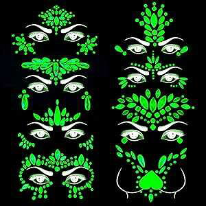Meredmore 8Sets Glow in the Dark Face Gems Jewels Rave Noctilucent blacklight UV Body Stickers Luminous tattoos mermaid accessories pasties makeup for Women Halloween Festival