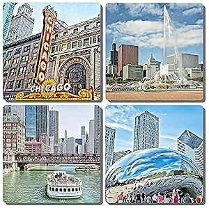 EXIT82ART Life in Pictures. EXIT82ART - Stone Drink Coasters (Set of 4). Iconic Chicago. Tumbled Stone, Cork-Backed.