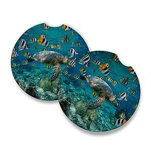 IT'S A SKIN Sea Turtle with Sickle Butterflyfish Car Coasters for Drinks Set of 2 Perfect Car Accessories with Absorbent Coasters. Car Coaster Measures 2.56 inches with Rubber Backing.