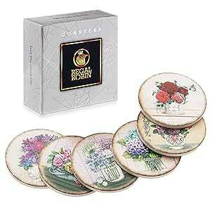 Regal Robin Absorbent Ceramic Rustic Coasters for Drinks Drink Coaster Set - Cute 4 Inch Novelty Coasters with Cork Back for Home, Office, Restaurant - Coffee Table, Desk, Kitchen Decor - Set of 6