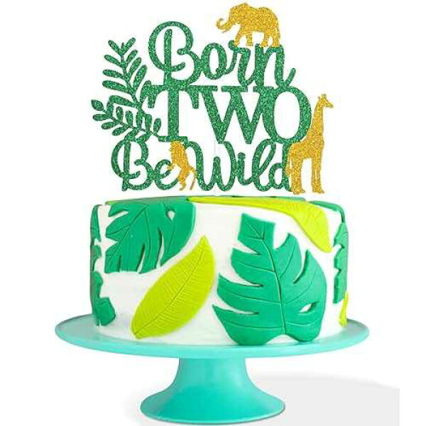 Born Two Be Wild 2歳の誕生日ケーキトッパー - サマージャングルサファリケーキトッパー 2つのワイルド誕生日デコレーション 女の子 - リアルワイルドキッズ ハッピー2歳の誕生日パーティーデコレーション LHCING Born Two Be Wild 2nd Birthday Cake T