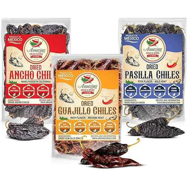 Amazing Chiles & Spices Dried Chile Peppers Variety Pack 12oz Ancho Guajillo Pasilla Mexican Chili
